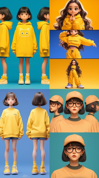 蓝色背景前黄衣黑发可爱女孩 三视图呈现 全身动感 卡通ip风 柔和配色 背景虚化 工作室灯光 octane render 8k 皮克斯感