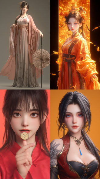 黑色头发古装红汉服可爱女孩于橙色背景前，全身动感，配色柔和，3d建模c4d，octane渲染，8k分辨率，皮克斯风 。
