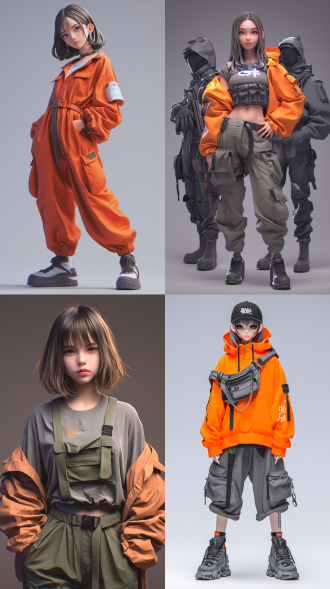 黑色头发橙色衣黑直筒裤可爱女孩，t台姿态全身展示，三视图概念设计，浅灰背景，卡通ip风，柔和配色，工作室灯光，c4d 3d建模，octane渲染。