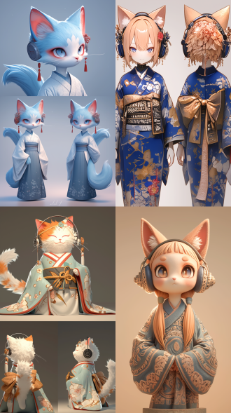 蓝橙猫精灵穿简洁汉服戴耳机，前、左、后视图，全身，卡通ip风，东方意境，柔和配色，工作室灯光，3d建模c4d，octane渲染，8k。