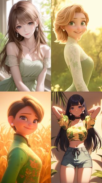 迪斯尼18岁农家女孩，圆脸大眼戴珍珠耳钉，着浅绿碎花裙齐刘海，灿烂微笑看观众，浅黄色虚化背景，低饱和度皮克斯风，舞台照明 。