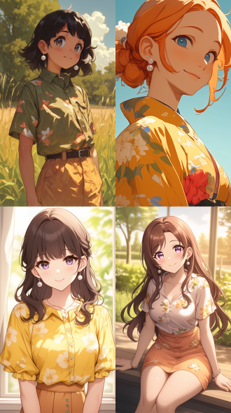 东方 18 岁农家女孩，圆脸大眼戴珍珠耳钉，着橙色碎花裙齐刘海，灿烂笑看观众，三视图，低饱和度皮克斯风，舞台照明，虚化背景。