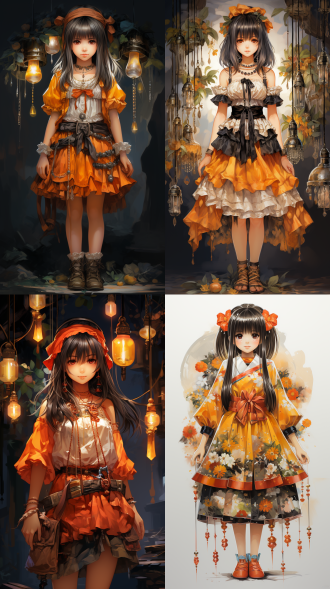 东方 18 岁农家女孩，圆脸大眼戴珍珠耳钉，着橙色碎花裙，齐刘海微笑看观众，三视图，浅灰背景虚化，低饱和国画风，舞台照明。