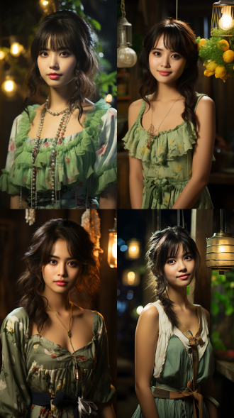 25岁亚洲东方农家女，圆脸大眼齐刘海戴珍珠耳钉，穿浅绿碎花裙灿烂微笑站干净背景前，低饱和度，电影质感，舞台照明，背景虚化 。