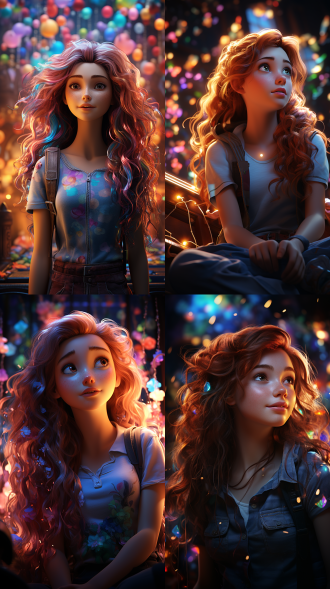 迪斯尼女孩中央构图看着观众，夜间场景，长透明彩虹发，rgb背景，低饱和度，神圣电影光，柔和焦点，超级细节。