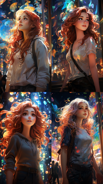 迪斯尼女孩站店门口举巨大广告牌看观众，中央构图，夜间低饱和度，长透明彩虹发，rgb背景，手绘，柔和焦点，超级细节。