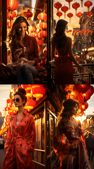 迪士尼姑娘提礼品盒从红色店面滑出，身后霞光满天，中国风过年氛围，喜庆色调，超大侧镜全景，佳能135单反，300mm长焦，兴奋 。