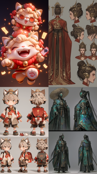 中国风财神男青年前、后、左视图角色概念设计，灰底，标准镜头，3d渲染，着汉服发冠带墨镜耳机拿手机红包奔跑，欢快。