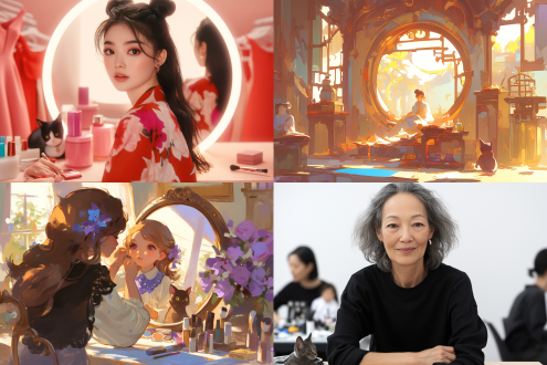 中国中年女人坐圆镜前，旁有小女娘和猫，桌上化妆品，惊讶表情，室内明亮，三分构图，摄影风，高细节高清。