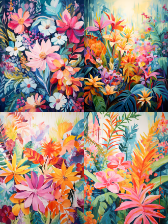 开满很多种鲜花的丛林，现代艺术抽象装饰画风格，色彩与线条的交织，大胆创新的形式展现独特的美学，手绘，油画风格，抽象构图，鲜艳色彩，丛林背景，油画质感，柔和光线，创意表现，美学探索，艺术创新。