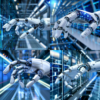 机器人手臂，未来科技风格，金属质感，工厂环境，长焦镜头，冷色调，顶光，细节清晰，动态抓取，精确，高效。