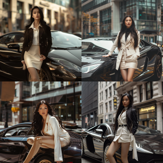 女子街头，黑色长发，白色职业短裙，肉色连裤丝袜，黑色兰博基尼，高分辨率，街头背景，自然光，广角镜头，细节丰富，优雅姿态，都市风格，时尚感，自信表情。