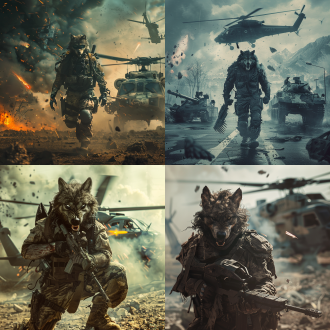 强壮男人，狼爪，盔甲，恐怖气息，破烂大路，直升机，坦克，开火，高分辨率，最高质量，动态构图，废墟背景，冷色调，广角镜头，逆光，高速快门，战斗，紧张，震撼。