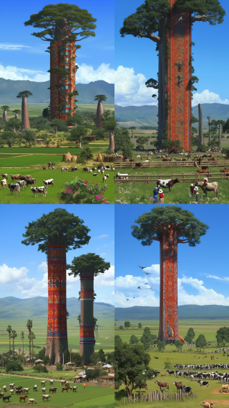 高耸的猴面包树摩天大楼，玻璃窗，非洲图案装饰，绿色草原，木栅栏环绕，牛羊成群，鲜花盛开。蓝天，绿山，现实主义摄影，明亮光线，建筑设计摄影，9:16 宽高比，2 倍图像权重。