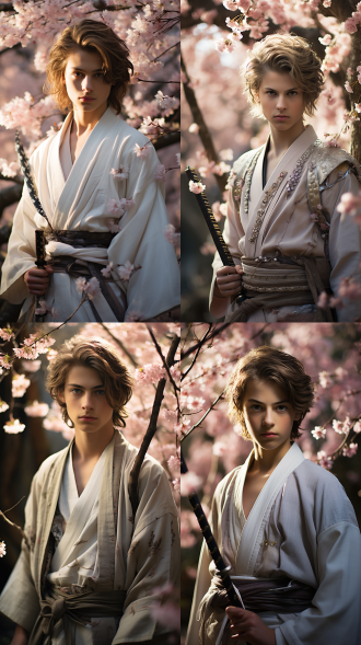 少年男子持剑，全身照，樱花林中，和服飘逸，眼神坚定，自然光，柔和色调，长焦镜头，静谧氛围，力量感。