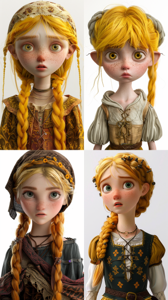 a girl with yellow hair, a sad expression, wearing ancient european clothes,cute, disney, 3d character c4d, ocrendering, pure white background, bestquality,8k,vivid cartoo