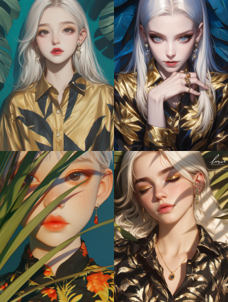 close up portrait of a woman with white hair, wearing gold and red eyeshadow，eyeliner, and red lipstick, leaning on green leaves. she is dressed in a golden satin shirt with a black pattern and wearing earrings. the photorealistic and hyper detailed portrait has a cinematic look with volumetric light, in the style of an old master painter.