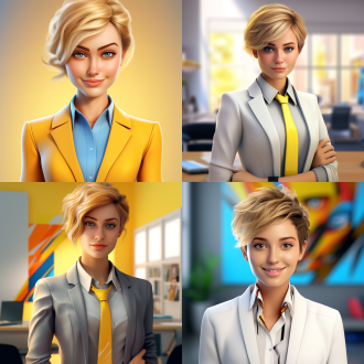 3d皮克斯风格，28岁白领女性，蓝色大眼睛，黄色短发，白色衬衫，灰色西装外套，明亮色彩，办公室环境，正面视角，柔和光线，微笑表情，专业姿态，细节丰富，活力四射。