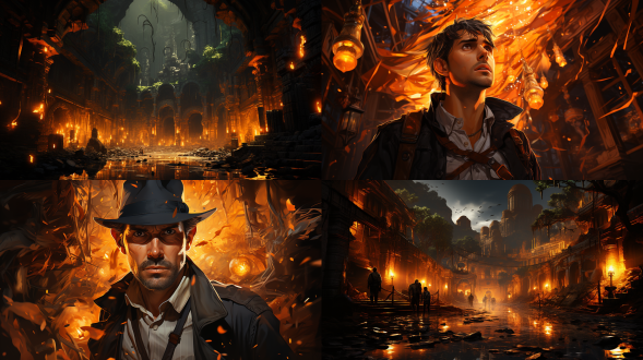 动漫版印第安纳·琼斯，失落的古城，动态混乱冒险，夸张表情，16:9宽屏，版本6，60%创造力，表现风格，鲜艳色彩，复杂构图，高饱和度，广角镜头，强烈侧光，快速动作，神秘元素，紧张情绪。