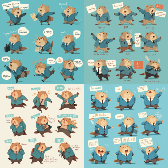 图像是一个以不同姿势的偏瘦的海狸的九个插图。海狸穿着蓝色的西装上衣、棕色下装，黑色领带。双腿战站立，手臂摆出各种动作，脸上各种表情。第一个插图显示了海狸面带微笑在说“收到”。第二个插图显示海狸愤怒的在说“今天不加班”。第三个插图显示了海狸兴奋的在说“发工资了”。第四个插图显示了海狸开心的在说“过年放假了”。第五个插图显示海狸在奔跑同时焦急的说“上班快迟到了”。第六个插图显示海狸手舞足蹈的说“发年终奖了”。第七个插图显示海狸丧气的说“又被老板pua了”。第八个图显示海狸惊讶的说“又来新工作了”。第九个图显示海狸无聊的说“怎么还不下班”。所有插图说的都是中文，都是类似卡通风格的，坐落在浅蓝色的背景下