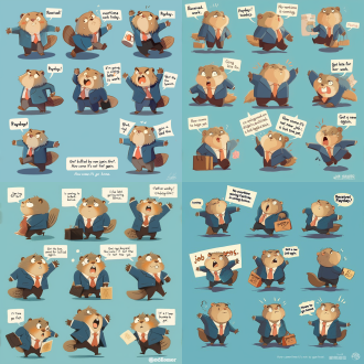 图像是一个以不同姿势的偏瘦的海狸的九个插图。海狸穿着蓝色的西装上衣、棕色下装，黑色领带。双腿战站立，手臂摆出各种动作，脸上各种表情。第一个插图显示了海狸面带微笑在说“收到”。第二个插图显示海狸愤怒的在说“今天不加班”。第三个插图显示了海狸兴奋的在说“发工资了”。第四个插图显示了海狸开心的在说“过年放假了”。第五个插图显示海狸在奔跑同时焦急的说“上班快迟到了”。第六个插图显示海狸手舞足蹈的说“发年终奖了”。第七个插图显示海狸丧气的说“又被老板pua了”。第八个图显示海狸惊讶的说“又来新工作了”。第九个图显示海狸无聊的说“怎么还不下班”。所有插图说的都是中文，都是类似卡通风格的，坐落在浅蓝色的背景下