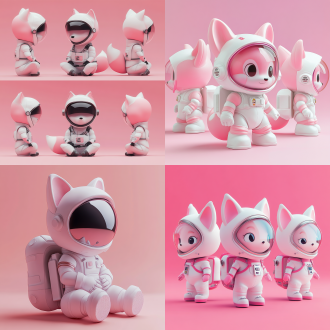 三视图，全身，正面，侧面，背面，卡通ip，粉色狐狸，白色宇航员玻璃帽子，科技感，萌萌哒，蹲下，干净背景，pop mart，pixar，ip盲盒，粘土材料，柔和颜色，工作室灯光，octane render，3d，c4d，超高清8k，16:9纵横比。