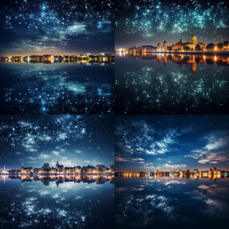 城市灯火与河中星河交相辉映，对称构图，夜景，超广角镜头，暖光，平静水面，倒影，冷色调与暖色调交融，宁静。