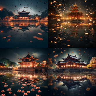 灯火映照古建，水中有星河倒影，对称构图，古风建筑，中国画风格，暖色调，长曝光，宁静温馨，全景。