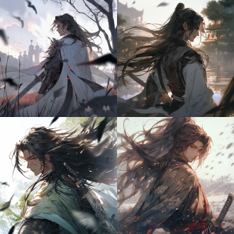 剑客长发扬，古风装束，山水背景，神秘气息，远景构图，长焦镜头，逆光，慢门，动态模糊，宁静氛围，微妙色彩。