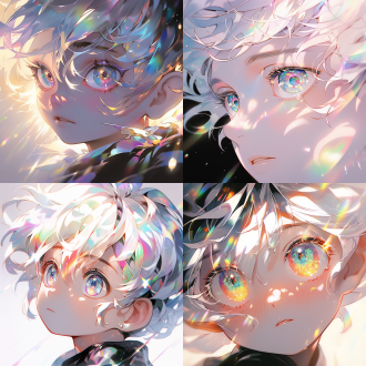 动漫男孩，金蓝色大眼睛，黑色长睫毛，彩虹色反光，闪光点缀，淡粉色秀发，近景特写，高清晰度，细腻皮肤质感，柔和光线，梦幻氛围，超现实风格，情感深邃。