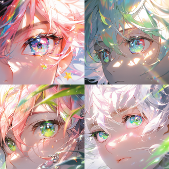动漫男孩，近景特写，碧绿色大眼睛，黑色长睫毛，彩虹色反光，闪光点缀虹膜，淡粉色秀发，精致面部细节，柔和光线，梦幻氛围，高分辨率，细腻色彩，清澈眼神，温柔表情。