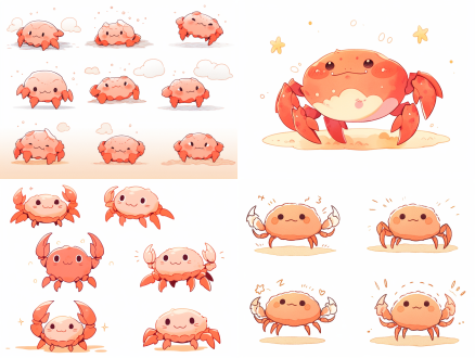 小螃蟹表情包，可爱顽皮，大胆漫画线条，简笔画风格，动态无背景，f/8小组风格，粉笔质感，5:6比例，250细节，niji5风格，400情感，可爱元素，高对比度，暖色调，侧光，快速快门，跳跃，紧张。