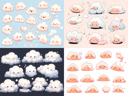 云朵表情包，可爱顽皮，大胆漫画线条，简笔画风格，动态无背景，f/16小组风格，粉笔质感，5:6比例，250细节，niji5风格，400情感，可爱元素，高对比度，暖色调，侧光，快速快门，跳跃，紧张。