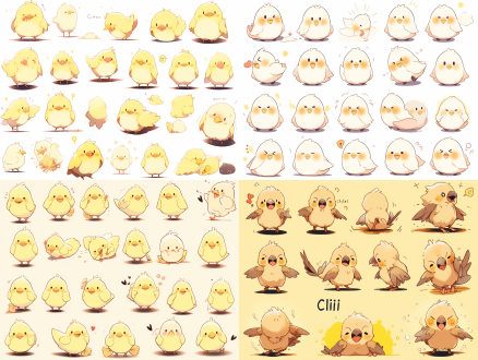 小鸟表情包，可爱顽皮，大胆漫画线条，简笔画风格，动态无背景，f/16小组风格，粉笔质感，5:6比例，250细节，niji5风格，400情感，可爱元素，高对比度，暖色调，侧光，快速快门，跳跃，紧张。