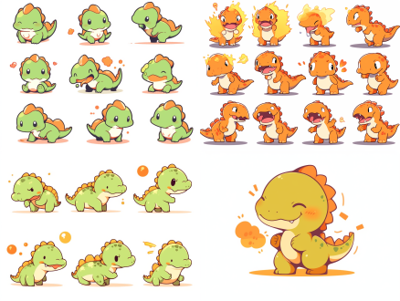 小恐龙表情包，可爱顽皮，大胆漫画线条，简笔画风格，动态无背景，f/8小组风格，粉笔质感，5:6比例，250细节，niji5风格，400情感，可爱元素，高对比度，暖色调，侧光，快速快门，跳跃，紧张。