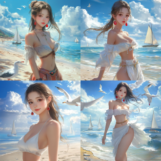 中国女孩，瓜子脸，大眼睛，眼神闪亮，上身丰满，长头发，红色玛瑙耳坠，时尚短裙，身材高挑，曲线迷人，优雅姿态，海边沙滩，脚印，海鸥，帆船，海水蓝天白云，高清晰，8k分辨率，全身照，中焦镜头，高质量，自然光，柔和阴影，细节丰富，色彩鲜艳，平静愉悦。