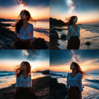 星空下的孤独旅行者，仰望星空，背影孤独，夜晚，荒野，长焦镜头，低光，慢快门，静态，神秘。