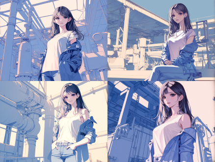 少女工厂交谈，严肃表情，蓝色牛仔服，白色t恤，蓝色牛仔裤，工厂环境，中距离镜头，自然光，高对比度，冷色调，专注，紧张。