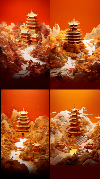 3d微观场景，翻开的卷轴，立体的中国古典建筑，黄色灯光，红色金色的建筑，树，假山，立体浮雕风格，逼真细节，雕刻，高清。