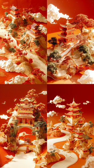 打开一半的卷轴，假山，中国古典建筑，树，云纹，立体浮雕风格，红色背景，逼真细节，高清8k，细腻纹理，自然光。