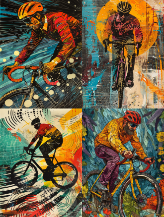 a lino cut artwork , a man bicycle race , colorful, textured , patterned，