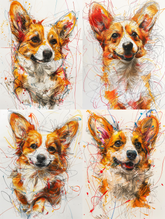 a cute dog , corgi , messy scribbles , white background , by bill waterson