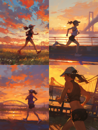 young female, black hair, ponytail, hat, running, sports vest, shorts, sense of speed , sunset, bridge, back view, oil painting