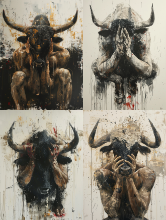 bull head and human body , exhausted ，paint style