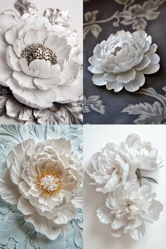 徽章设计有白色牡丹图案，对称构图，复古风格，细节丰富，手工制作，金属质感，微距镜头，冷色调，精致，平静。