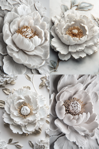 徽章设计有白色牡丹图案，对称构图，复古风格，细节丰富，手工制作，金属质感，微距镜头，冷色调，精致，平静。