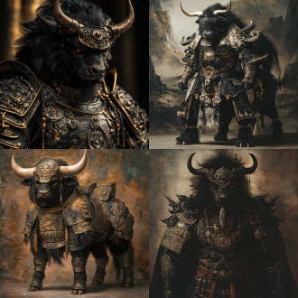 獬豸身着战甲，身形如牛似麒麟，黑毛浓密，独角，古风神话场景，中心构图，暖色调，长焦镜头，顺光，威严。