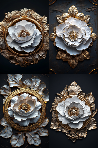 徽章设计，对称构图，白色牡丹，复古风格，微距镜头，金属质感，手工痕迹，丰富细节，冷色调，精致。