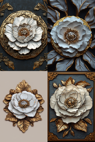 徽章设计，复古对称构图，白色牡丹图案，细节丰富，金属质感，微距拍摄，手工痕迹，冷色调，精致，平静。