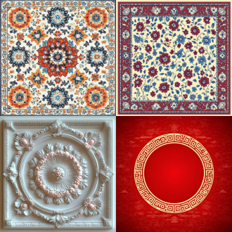 传统装饰边框纹样含吉祥图案，中心对称，精致细腻，古典风格，暖色调，柔和光线，细节丰富，宁静。